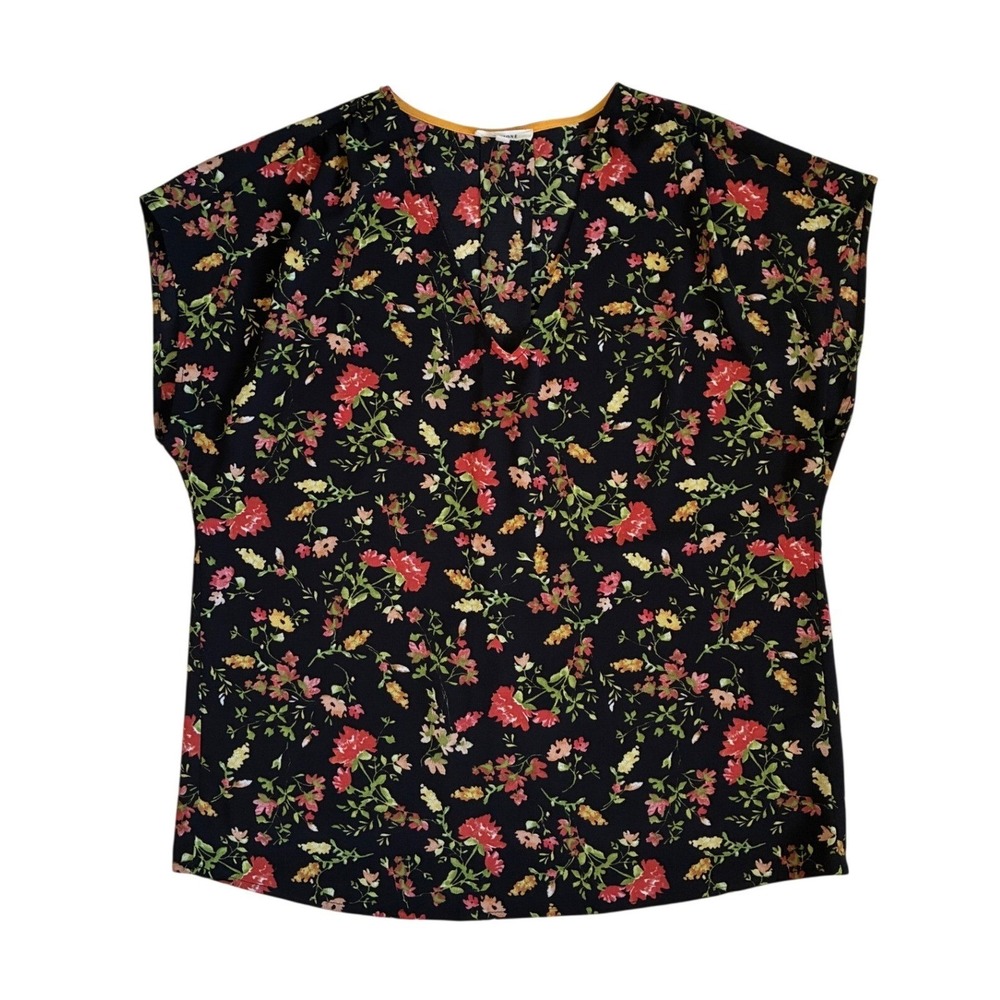 Pleione Womens Black Floral V-Neck Cap Sleeve Blouse Top Medium 507988RK‎
